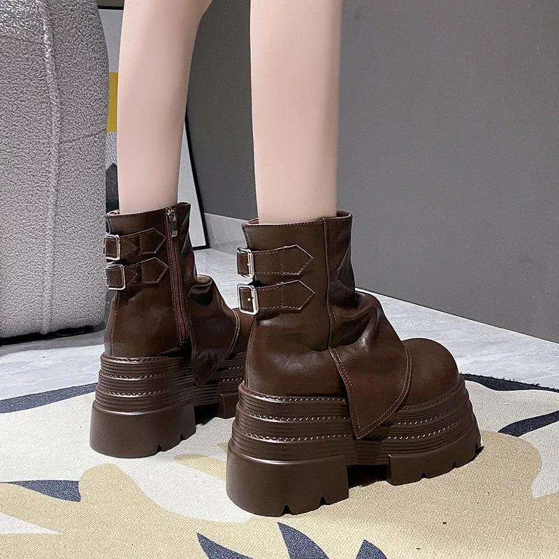 10CM Dámské robustní boty na motorku Podzim Kožené tenisky na skrytém podpatku Zimní Nepromokavé boty do sněhu Kotníkové boty na vysoké platformě