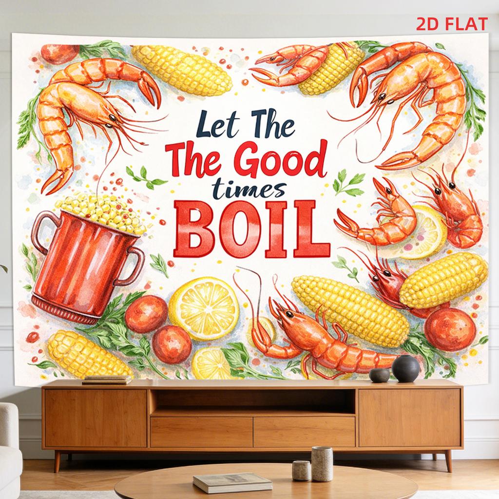 2D Flat - 2D Flat - A Tapestry Featuring a Large Or Small Design of Boiled Corn, Crayfish, Lemons, And Potatoes, Perfect for Decorating Walls in Livin