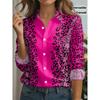 New women's casual long-sleeved shirt with pink background and black leopard pattern print on both sides casual versatile lapel buttoned shirt top