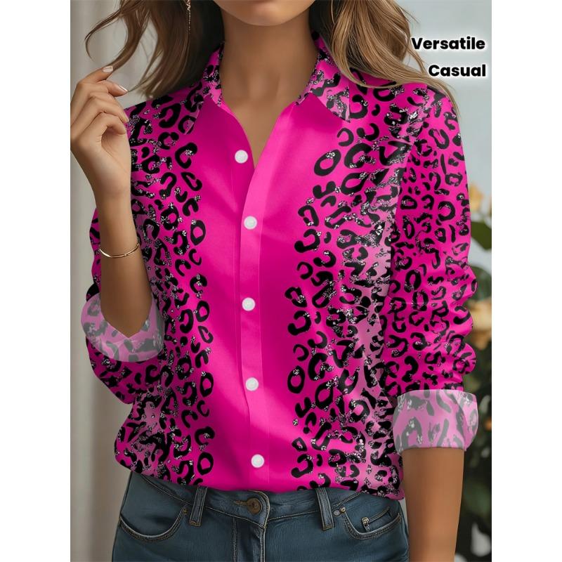 New women's casual long-sleeved shirt with pink background and black leopard pattern print on both sides casual versatile lapel buttoned shirt top