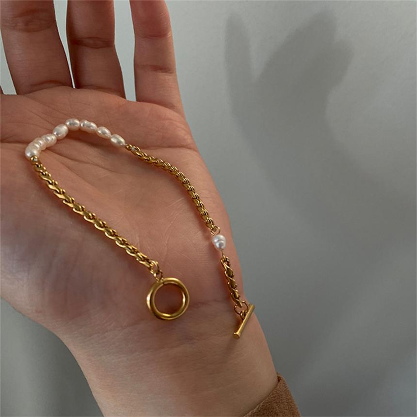 316L Stainless Steel Simplicity Vintage Irregular Shaped Imitate Pearl OT Buckle Chain Bracelets For Women Fashion Jewelry Gift