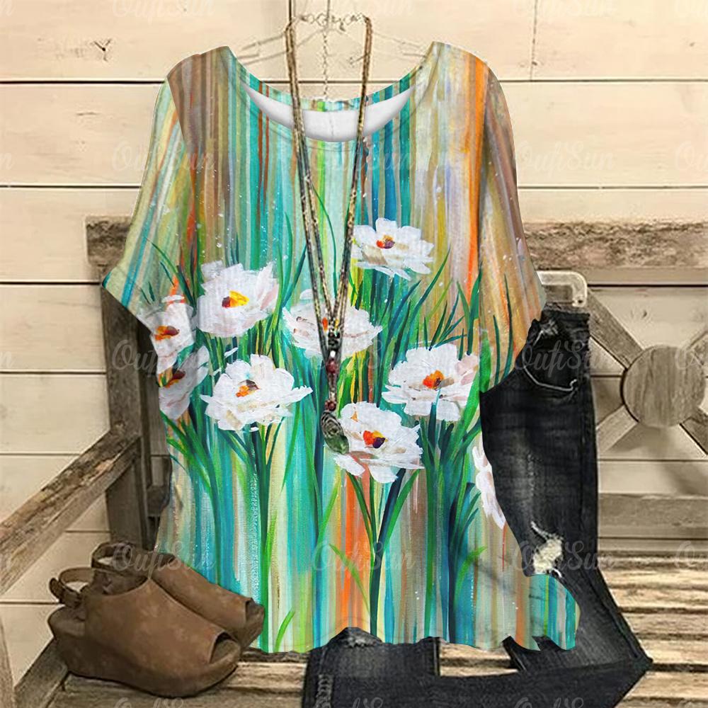 

Літній жіночий одяг великих розмірів з квітковим принтом і короткими рукавами, жіночий круглий комір, ретро-пуловер, жіноча модна повсякденна футболка 8xl