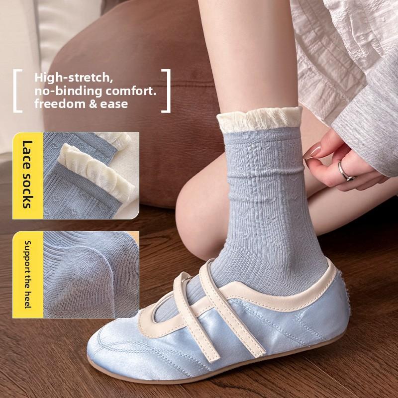 Sock Children's Spring/summer Lace-up Striped Mid-calf Socks with Loose Openings and No Bones, Plush Cotton Socks