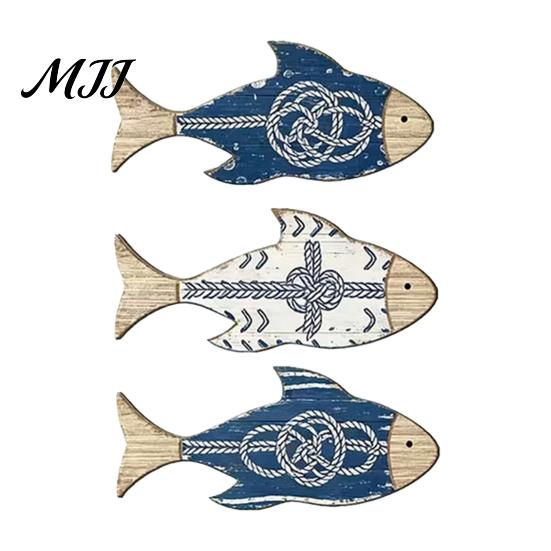 Ocean Inspired Home Accents 3Pcs/Set Wooden Fish Wall Decor, Nautical Knot Print Decorations, Coastal Beach House Ornaments Style Art for Bathroom