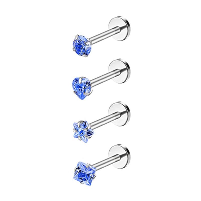 4PCS Heart Crystal Tragus Piercing Earring Set Flat Labret Piercing Set Lip Ring Lot Conch Cartilage Stud Helix Lobe Earring Set