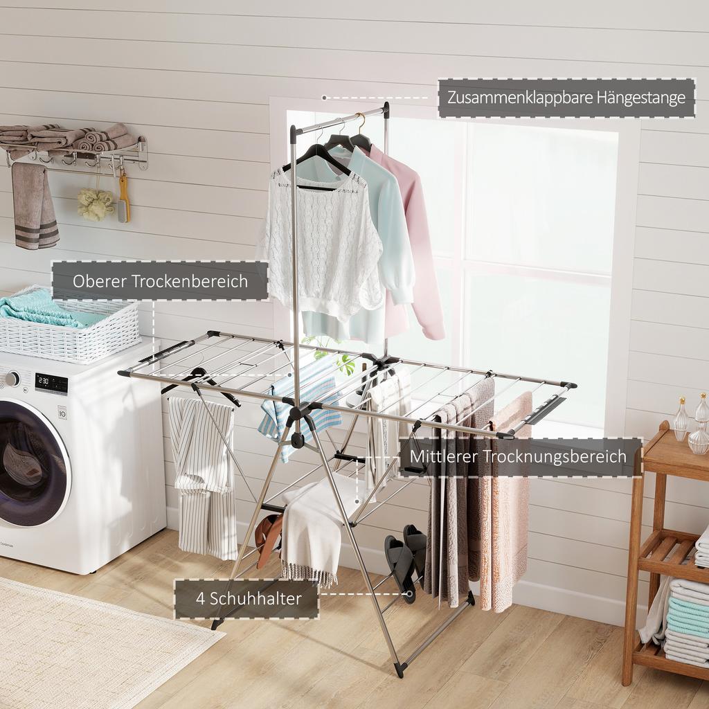 Foldable Clothes Airer, Standing Dryer with Adjustable Wings and Shoe Holders. Stainless Steel. 156.5 x 68 x 192 cm. Silver