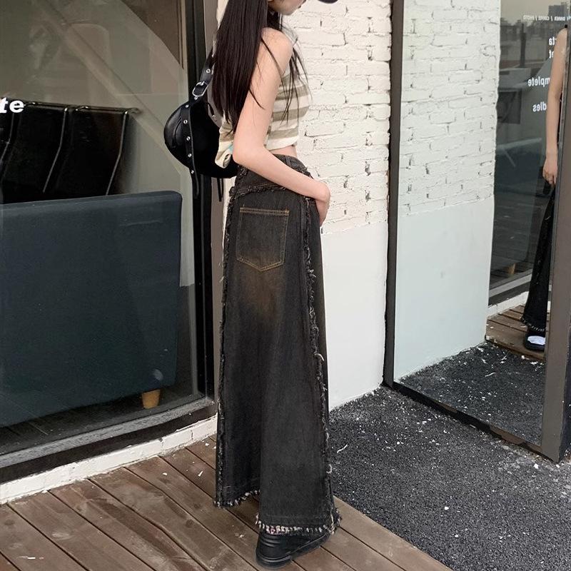 Women's Black Denim A-Line Midi Skirt with Raw Hem for Spring/Autumn 2025