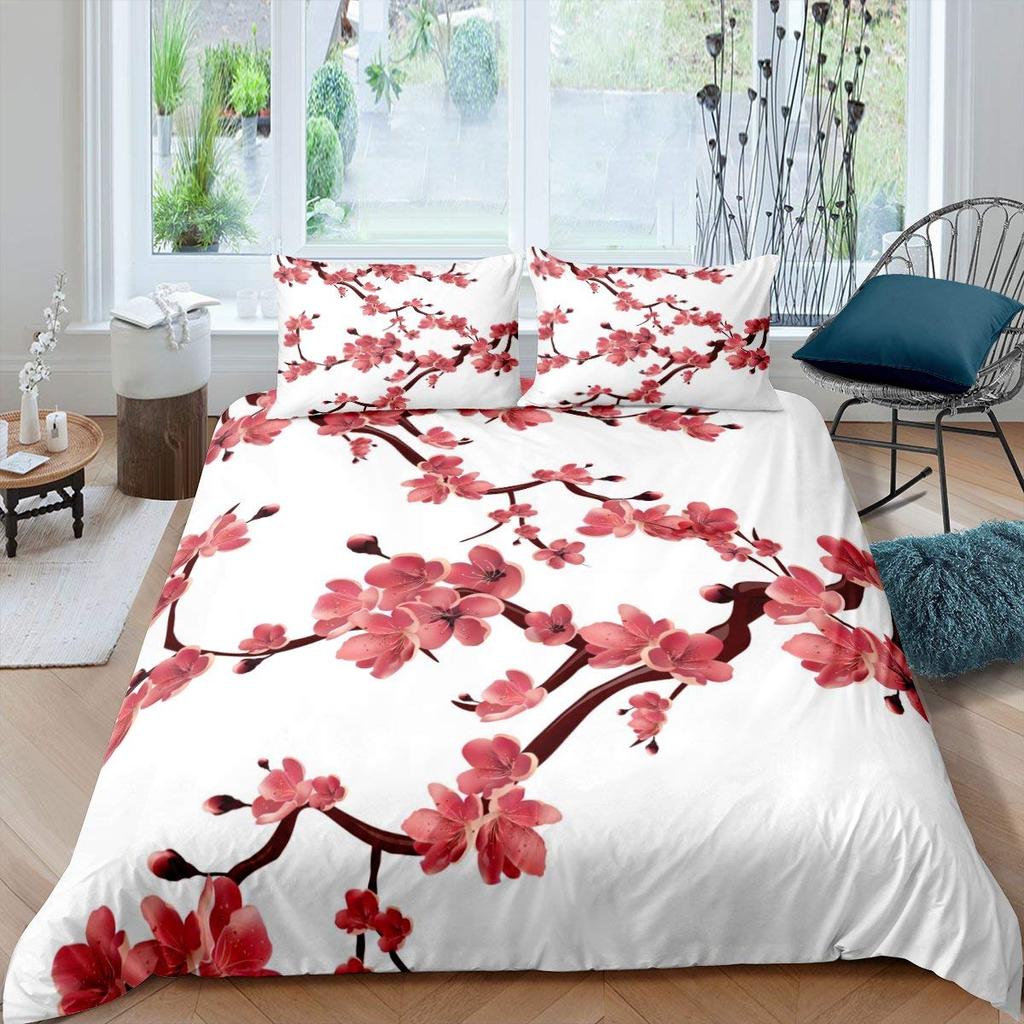 Peach Blossom Duvet Cover Set King Size Microfiber Pink Floral Bedding For Teens Women Twin Comforter Cover