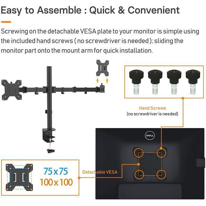 Support Écran PC Double - BONTEC - 2 Moniteurs 13-27 Pouces - Réglable en Hauteur - Inclinable - Pivotant