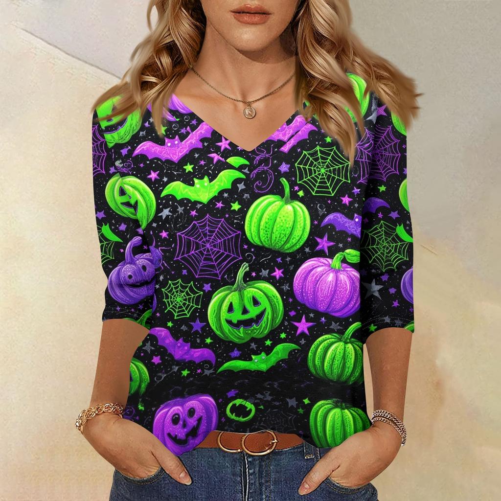 Women’s Casual Halloween Print V Neck Three Quarter Sleeve Top Loose Fit Pullover Blouse for Autumn Daily Wear