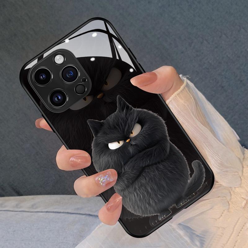 Cool Black Cat Pattern Glass Material Phone Case For iPhone 17 16 15 14 Pro Max 13 12 11 Pro 17 Air 16E 7 8 Plus XR XS X Cover