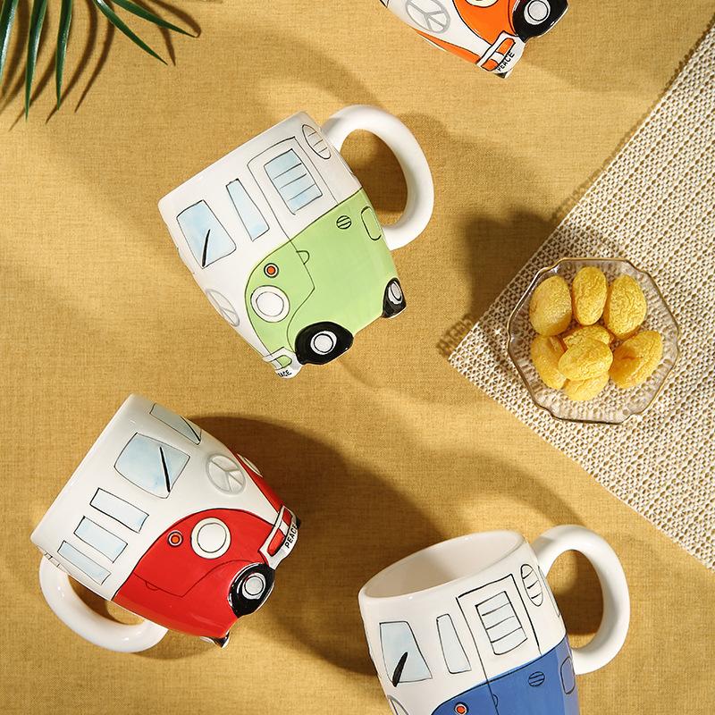 Deding Keramik Handbemalt Cartoon Auto Bus Kreative Persönlichkeit Kaffeetasse Frühstück Wasserbecher