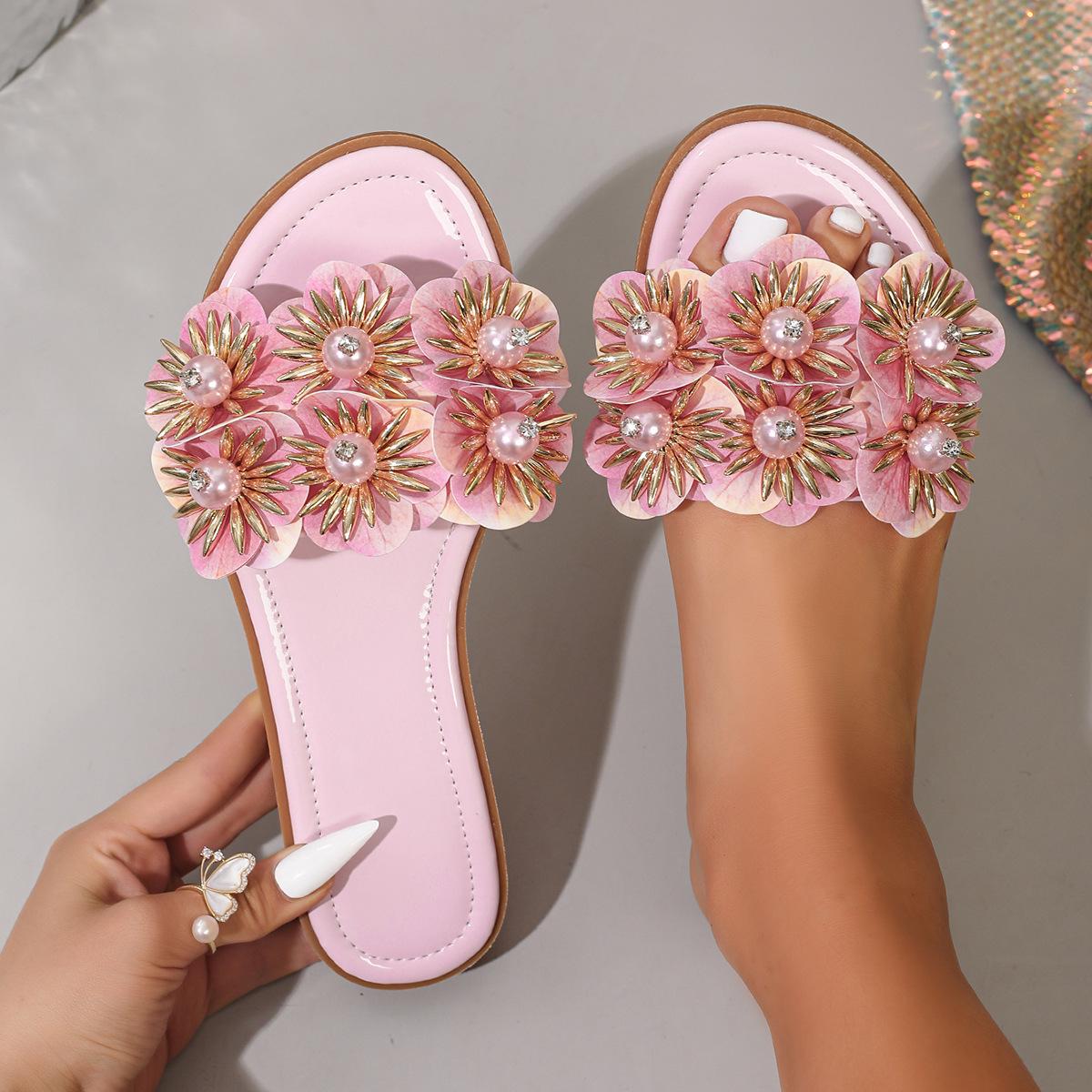 Elegant Summer Women s Pearl Flower Flat Sandals 40