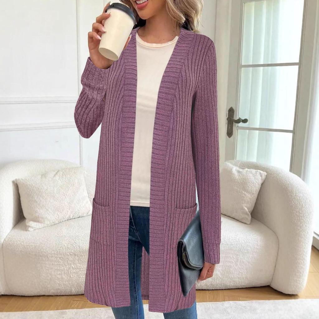 European & American Autumn/Winter Women's Long Sleeve Loose Pocket Cardigan Coat, Solid Color