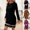 European American Women's Mid-length Leopard Print Patchwork Dress - Round Neck, Long Sleeves.