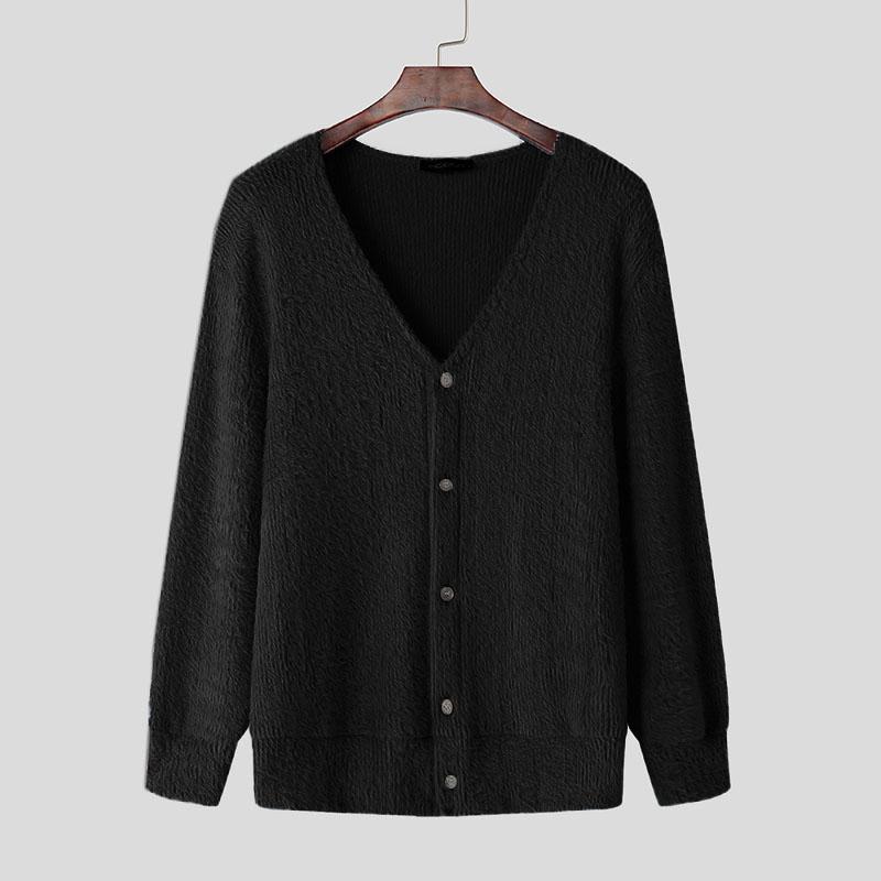 

INCERUN Весенний мужской кардиган с V-образным вырезом и длинным рукавом, пушистый, вязаный, с пуговицами