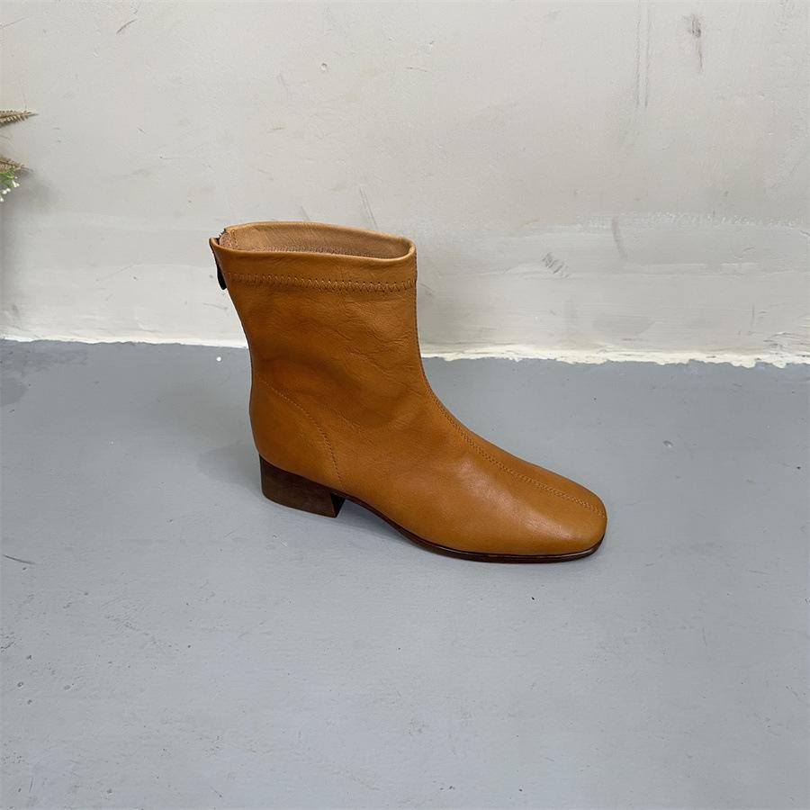 Johnature Genuine Leather Retro Thick Heel Mid-calf Boots Square Toe Versatile Women's Shoes
