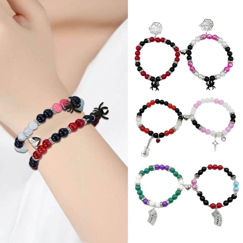2pcs Halloween Spiders Couple Bracelets for Women Men Magnetic Heart Matching Bangles Festive Party Aesthetic Jewelry