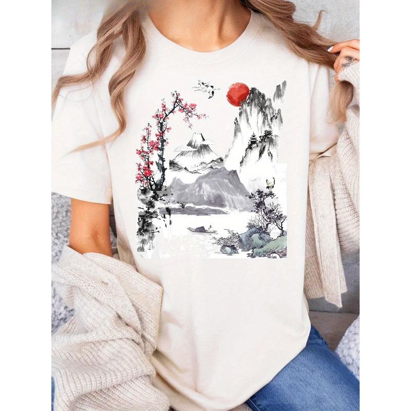 

European sizes Women S Japanese Cherry Blossom & Crane Print T-Shirt - Casual Crew Neck Short Sleeve Top, Traditional Ink Wash Landscape Design 4XL