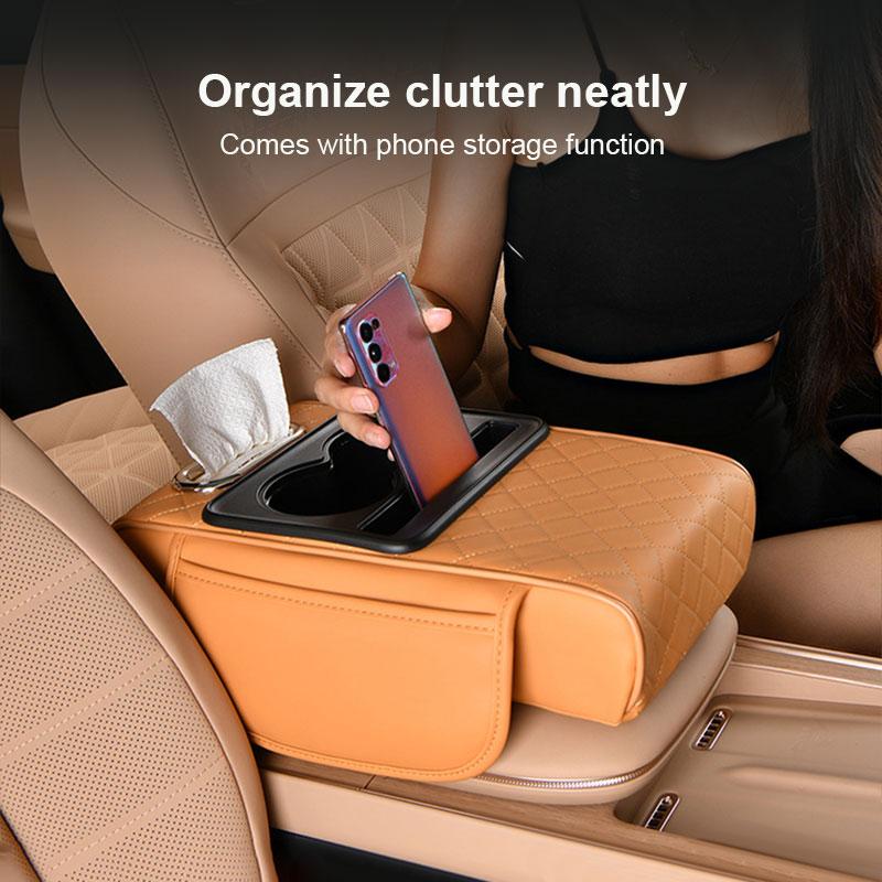 SEAMETAL 3 IN 1 Car Armrest Cushion Memory Foam Height Pad PU Leather Tissue Box with 2 Cup Holder
