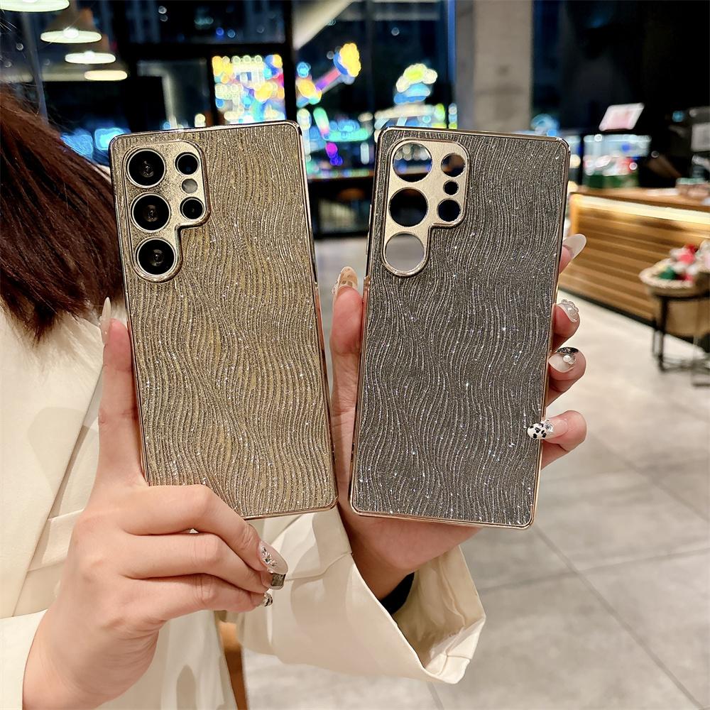 Glitter Water Flow Pattern PU Leather Case for Samsung Galaxy S25 Edge S24 Ultra S23 FE Plating Camera Lens Protection Cover