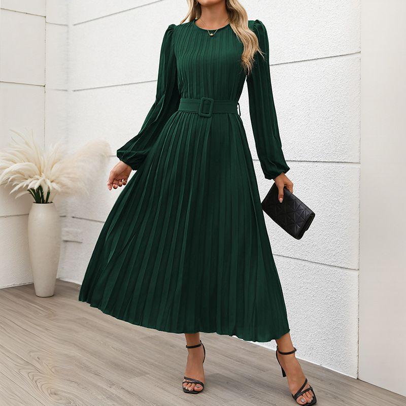 

European and American Dignified Women clothes New Dress Office Long sleeve Pleat round Neck Height Long dress Dark green S