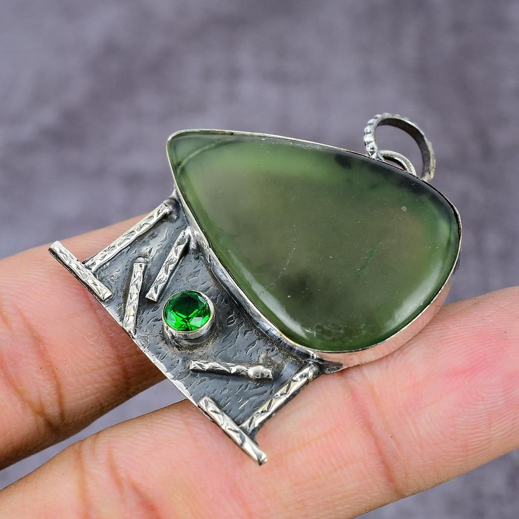 Natürlicher Moosprehnit, Diopsid-Edelstein, 925er Sterlingsilber-Anhänger, 5,7 cm, C6s18