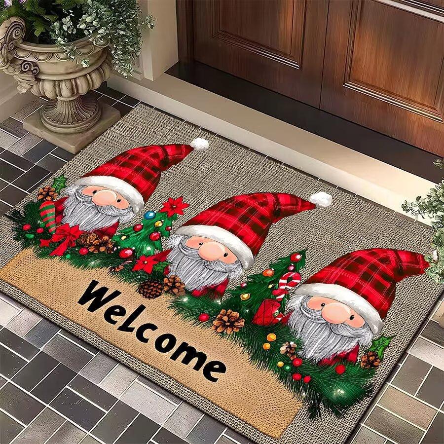 Christmas Elf Welcome Non-slip Water Absorbent Mat Rug Carpet for Bathroom Entryway Red Green Plaid Festive Home Decoration