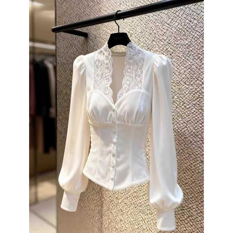 Elegant French Lace Patchwork Velvet Top for Women - Winter New Arrival S