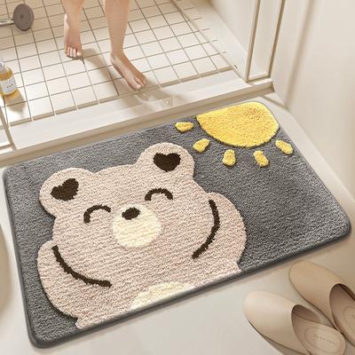 Cute Bear Bath Mat, High-Density Flocked Microfiber Rug with Super Absorption & TPR Non-Slip Backing, Quick-Dry Bathroom Decor