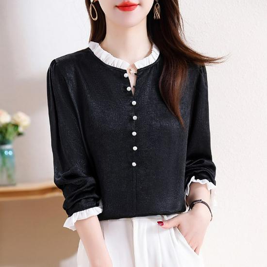 Beaded French Light Luxury Satin Shirt with Contrast Stitching - Spring 2025 Xiaoxiang Style Women's Top