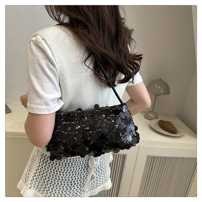 Large Capacity Shoulder Bag Solid Color Shiny Sequins Women's Handbag with Zipper Multifunctional Underarm Bag Multi-Purpose Use