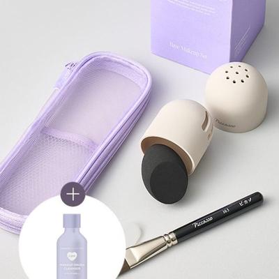 [Picasso] Curly Glow Base & Sponge Set (163 Foundation + Black Sponge + Sponge Case + Mesh Pouch Purple + Gift Box)