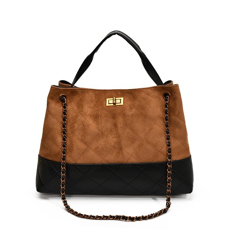 Vintage Tote Bag Commuter Premium Sense Lock Large Capacity Shoulder Bag Contrasting Color Splicing Chain Women's Bag