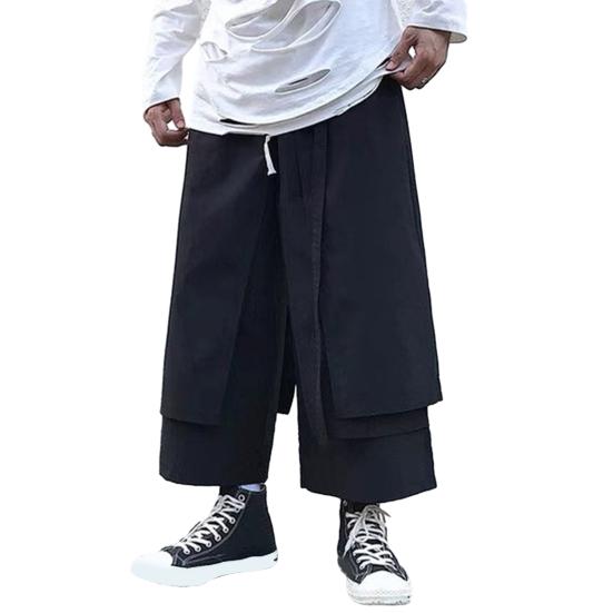 Men's Loose Fit Pants Hip-Hop Wide Leg Pants with Pockets Casual Black Layered Pants for Everyday Wear Street