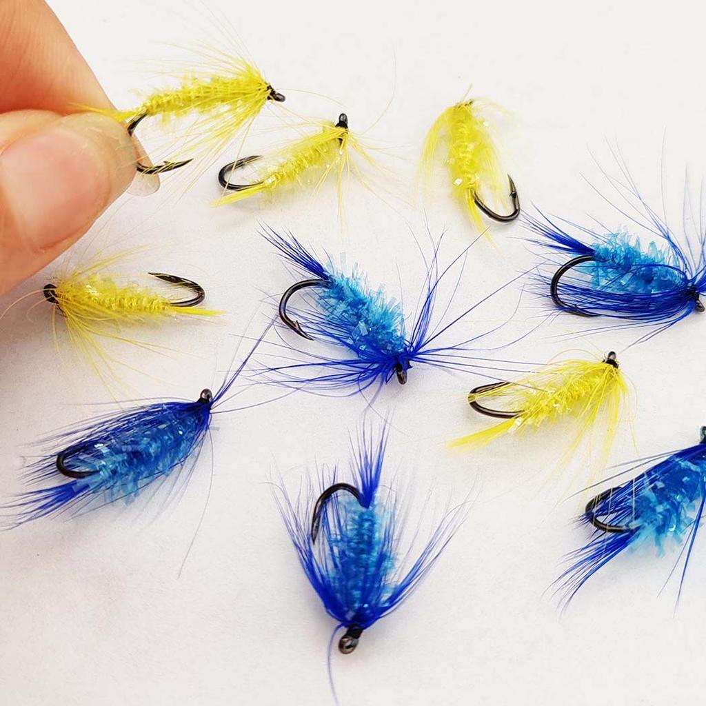 Trockenfliegen Angelköder-6/10Stk.-Blau&Gelb Maifliege Trockenfliegen Kristallfaden Seidenkörper Köder Größen#10 Für Forelle/Barsch/Karpfen usw. im Süßwasser oder Salzwasser.