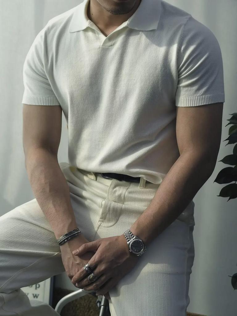 Men's Trendy Korean-Style Solid Color Knitted Polo Shirt
