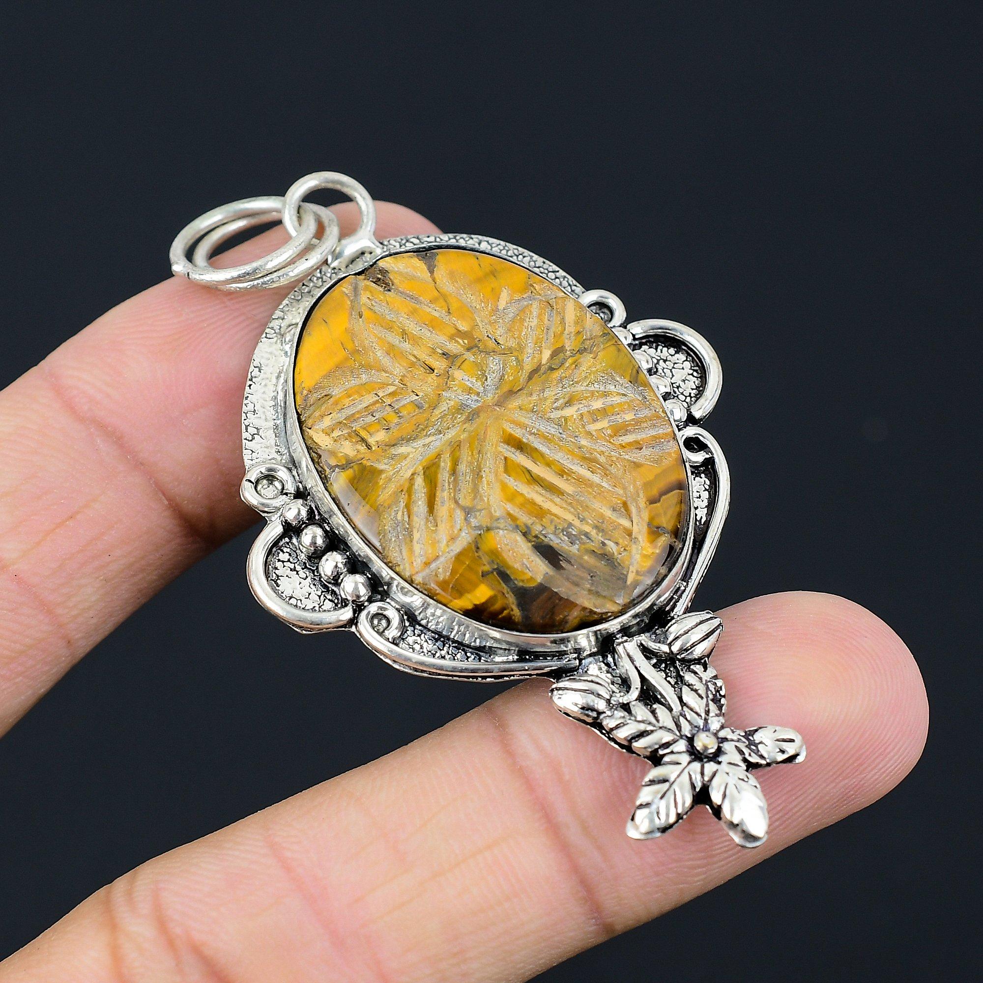 Серебряный кулон 925 пробы с овальным резным камнем тигровый глаз в форме цветка для сестры, ювелирное изделие