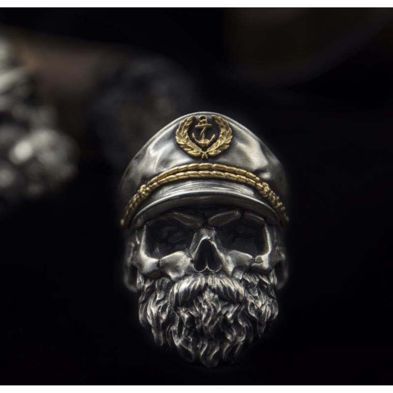 Untote Legion Ring Offizier Anker Alter Kapitän Bart Bart Skelett Männlich Offener Hut Ring