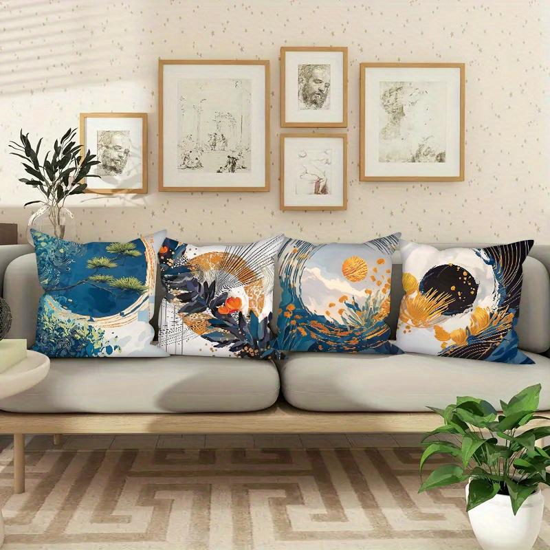 Asian Inspired Gold Blue Pillow Covers, Japanese Wave Pine Decorative Throw Pillow Cases, Modern Home Decor Cushion Covers 4Pcs