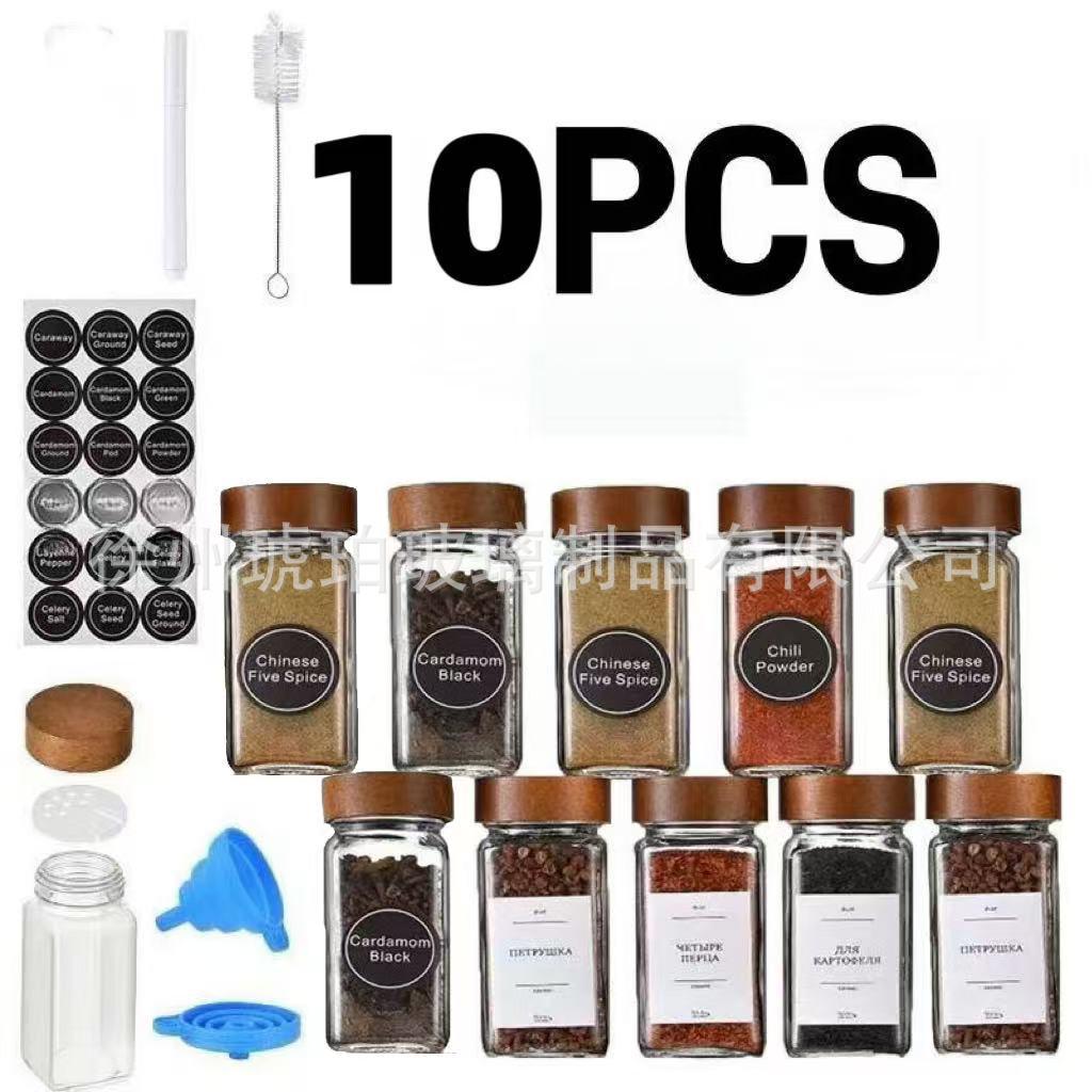Square Acacia Wood Spice Jar Set – 24-Piece Glass Jars with Pepper Powder Sprinkler, 40oz Capacity