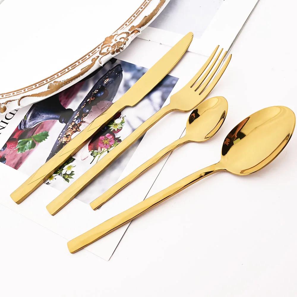 Western 4Pcs Stainless Steel Dinnerware Diamond Shaped Knife Fork Spoons Cutlery Set Restaurant Kitchen Tableware Flatware Set