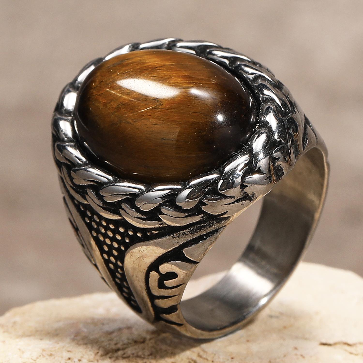 

Трендове чоловіче кільце з титанової сталі, багатоколірний овальний дорогоцінний камінь, плетена текстура, широка смуга з нержавіючої сталі, готична панк-прикраса для чоловіків No. 10