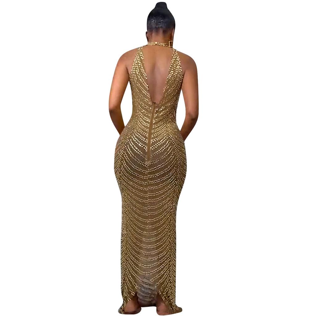 Women's Dress Fashion Sexy Backless Nightclub Party Dresses Hot Drilling See Through Long Dresses