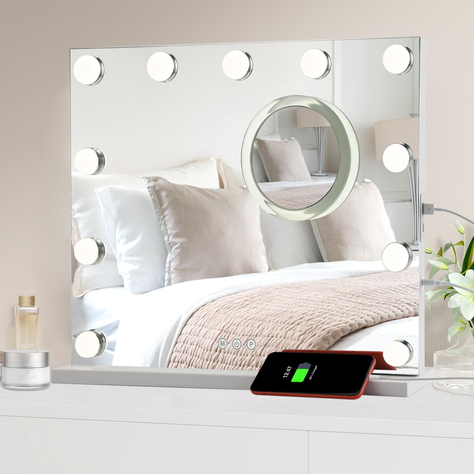 

Garvee Актриса Настольное Макияжное Настенное Зеркало с 10-кратным Увеличением, Бесступенчатой Регулировкой Яркости, 3 Цветами, USB-портом, Зеркало, Зеркало, Большое, С Подсветкой, Настенное, Зеркало, Диммируемое, Оттенки, белый