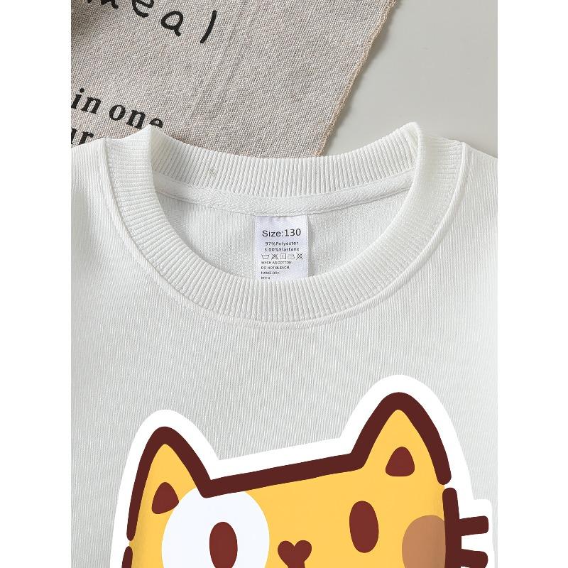 Kids Sweatshirt Crewneck Sweatshirt Cute Cat Face Sticker Design Pattern Machine Washable, Spring And Autumn, Sportswear And Casual Wear