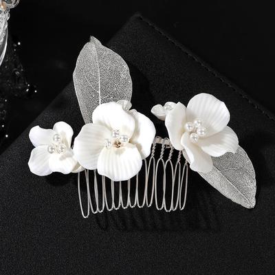 White Ceramic Flower Hair Comb Bridal Accessories for Wedding Party Women Silver Color Alloy Hairpins Floral Hair Jewelry