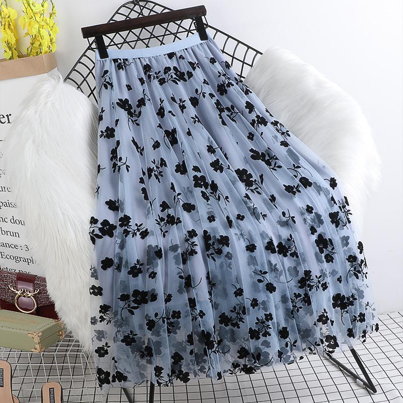 

Летняя юбка-сетка с высокой талией и вышивкой, универсальная, темпераментная, средней длины, длинные юбки для женщин, тонкие One Size синий