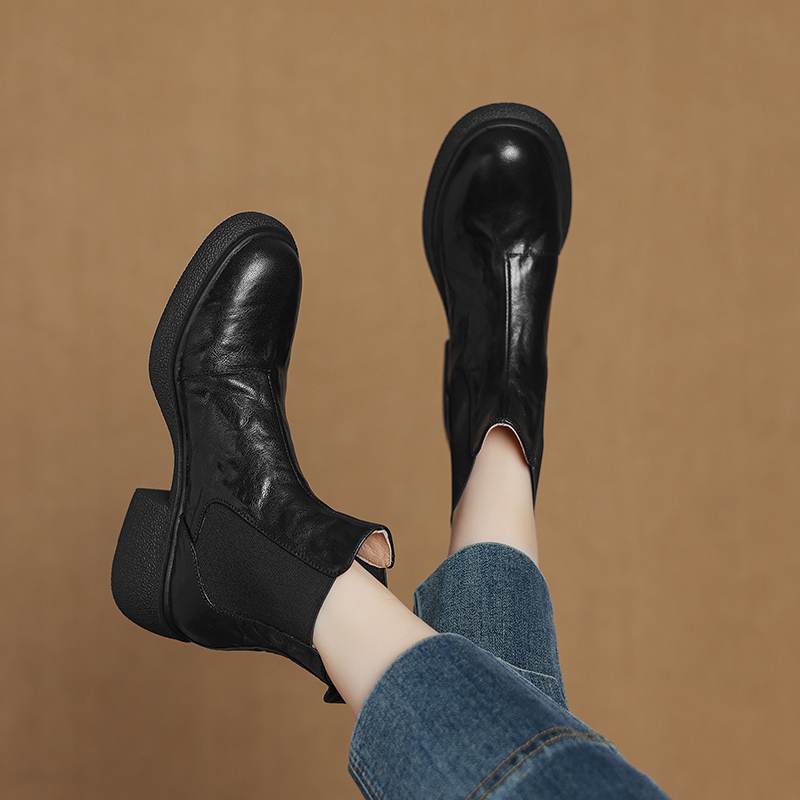 Krazing Pot Sheepskin Pleated Decoration Autumn Winter Shoes Chunky Heels Size 43 Size 42 Round Toe Slip on Retro Fashion Ankle Boots