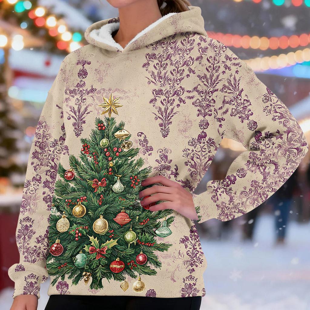 Women's Fashionable Casual Long-Sleeved Christmas Print Fleece-Lined Thick Hooded Sweatshirt